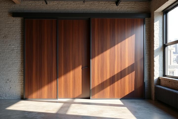 Before and after of a Tribeca loft door renovation, showcasing a modern wooden pivot door.